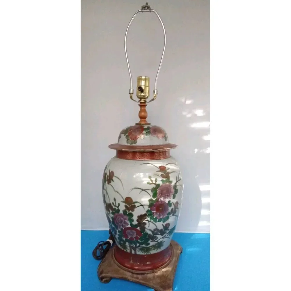 Vintage Floral Ginger Jar Lamp Asian Style Table Lamp Bedside Accent Decor‎